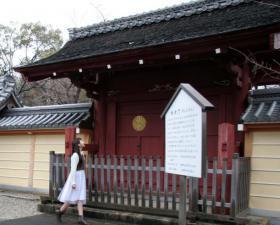 祐福寺勅使門の前に女性が佇んでいる様子の写真