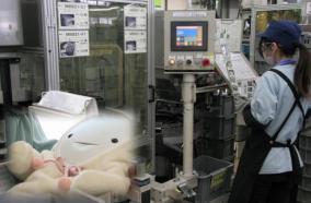 製作所内部で機械作業を行っている女性従業員の写真