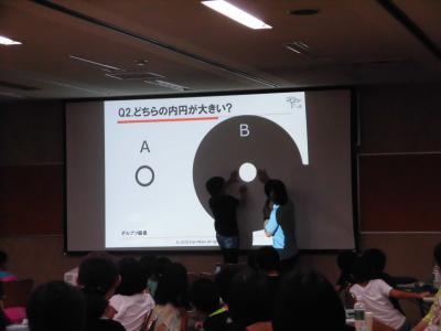 9月2日(日曜日)、町民会館で、親子参加型ワークショップ「発想力と決める力の育て方」が開催された際のモニターを見入る多数の親子たちの画像