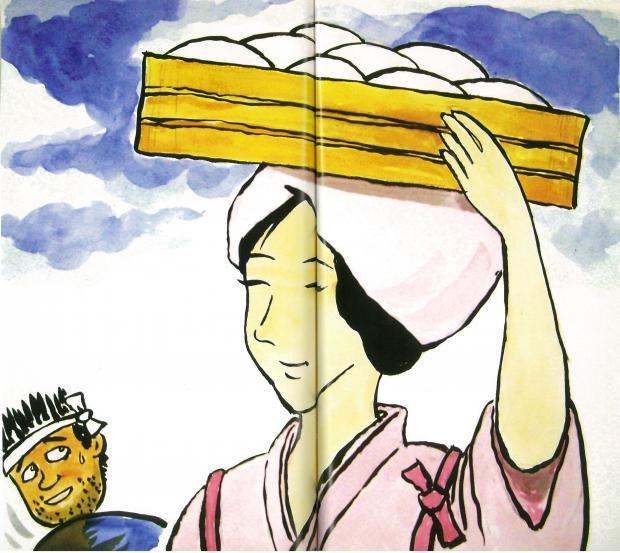 おいしそうなもちを持ってきたむすめさんのイラスト