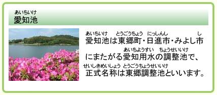 愛知池 愛知池は東郷町・日進市・みよし市にまたがる愛知用水の調整池で、正式名称は東郷調整池といいます。