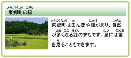 東郷町の緑 東郷町は田んぼや畑があり、自然の多く残る緑のまちです。夏には蛍を見ることもできます。