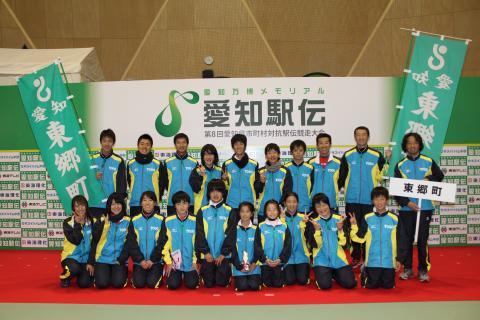 第8回愛知駅伝の代表選手18名と監督1名、コーチ一1名が横2列に並び、ユニフォームを着た姿の写真