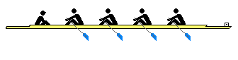 4人が左右2本のオールを漕ぐ、舵手付きのボートのイラスト